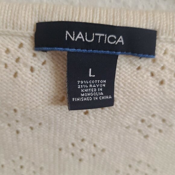 Nautica Ivory V-Neck Button Up Ruffled Long Sleeve Cardigan Sweater sz L - Picture 5 of 6